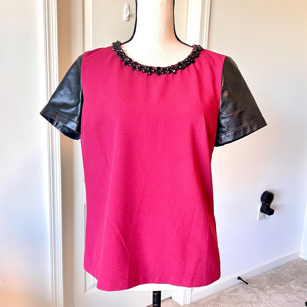 GUESS Faux Leather Sleeve Embellished Neckline Blouse—SZ. Small